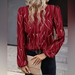 Wine Red Long Sleeve Blouse with Dot Print – Dressy Round Neck Top